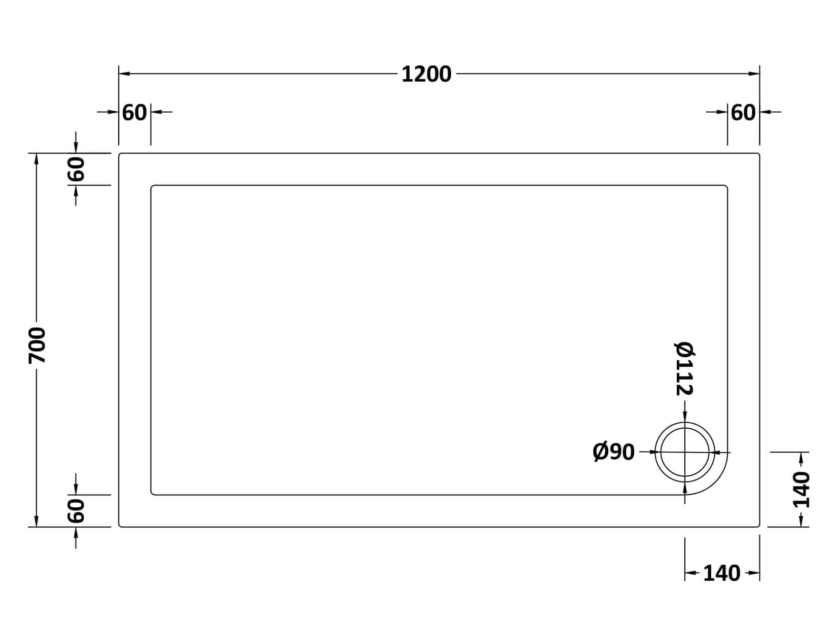 2. A technical drawing of a rectangular bathroom sink with precise measurements and a circular drain outlet, suitable for modern bathroom renovations.