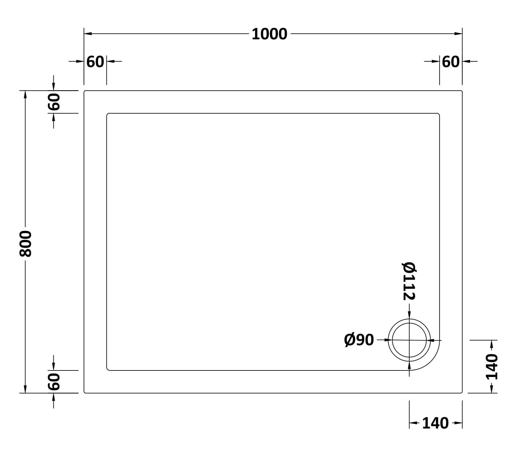 Modern rectangular shower tray with detailed measurements for custom bathroom renovation. Ideal for creating a sleek, functional shower area in your bathroom design.