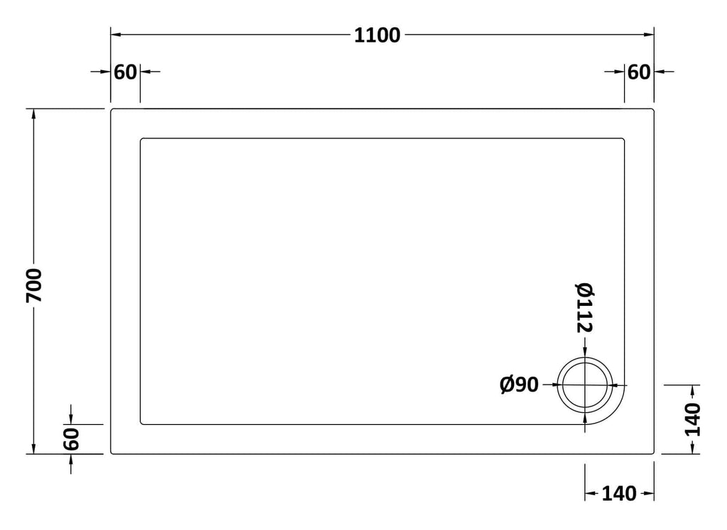 Premium bathroom sink layout with detailed measurements for modern Bubly bathrooms, including 1100mm width, 700mm height, and 90mm drain opening, ideal for contemporary bathroom design.