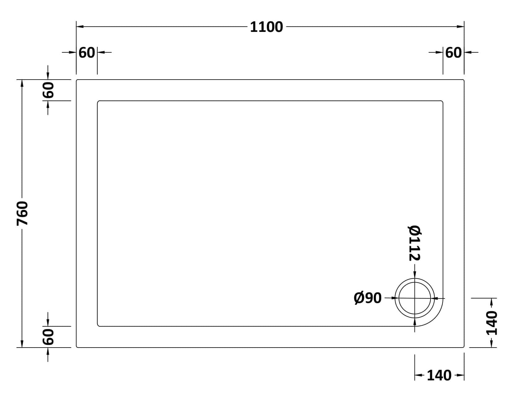 Sleek modern shower tray with precise dimensions and central drain, ideal for contemporary bathroom designs and reliable water drainage.