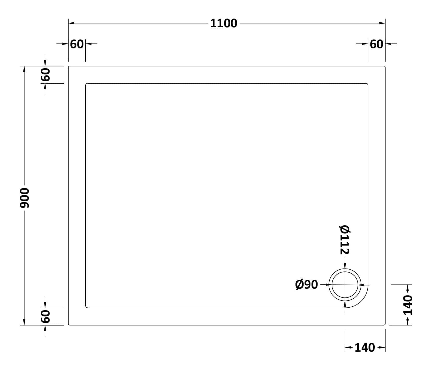 Modern shower tray with precise dimensions for Bubly Bathrooms, featuring a square design, durable material, and accessible size, ideal for contemporary bathroom remodels and installations.