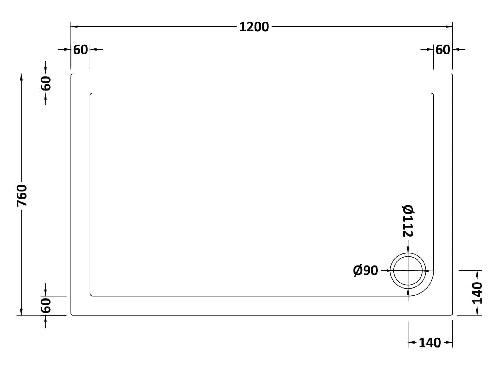 High-quality bathroom basin drawing with precise measurements and drain location for custom bathroom remodels.