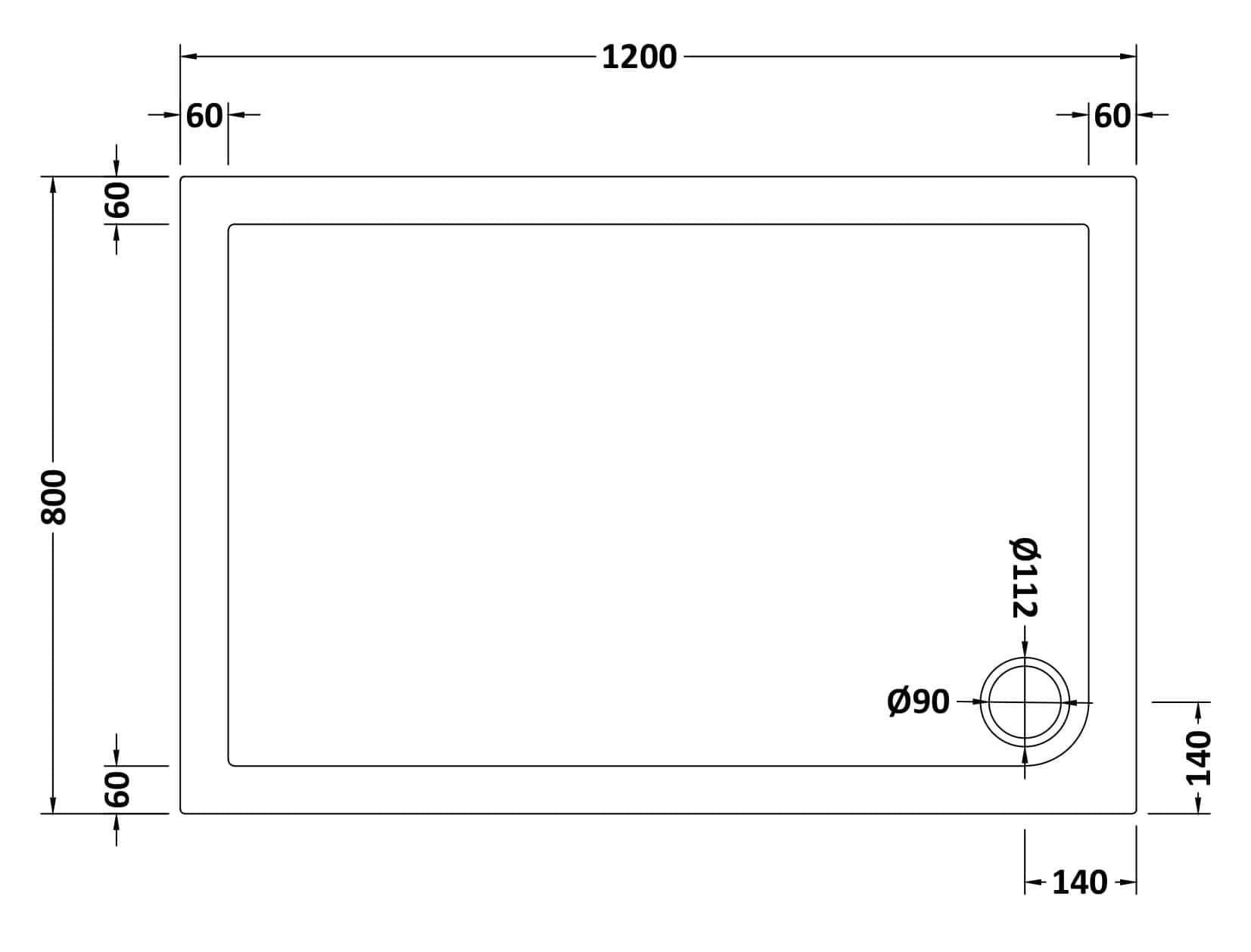 Sleek rectangular shower tray with precise measurements, designed for modern bathrooms. Features a 1200mm x 800mm size with durable material and easy drainage, perfect for converting your bathroom into a luxurious shower space.