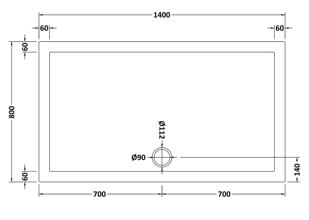 Shower tray with dimensions, top view, technical drawing for bathroom installation, suitable for modern bathrooms, non-slip surface, durable acrylic material, rectangular shape, 1400mm x 800mm size.