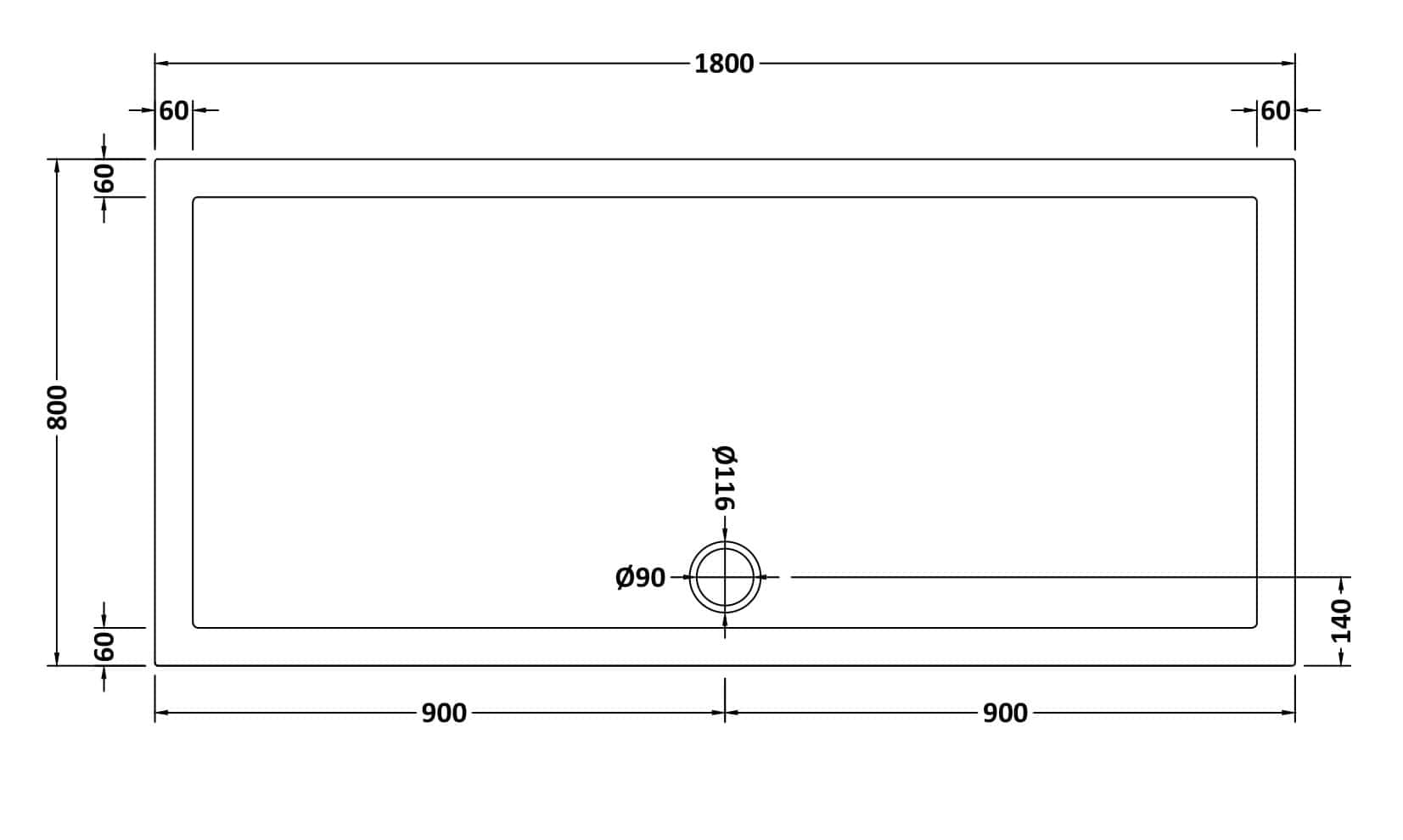 Shower tray with detailed dimensions for custom bathroom installation in a modern Bubly Bathrooms design.