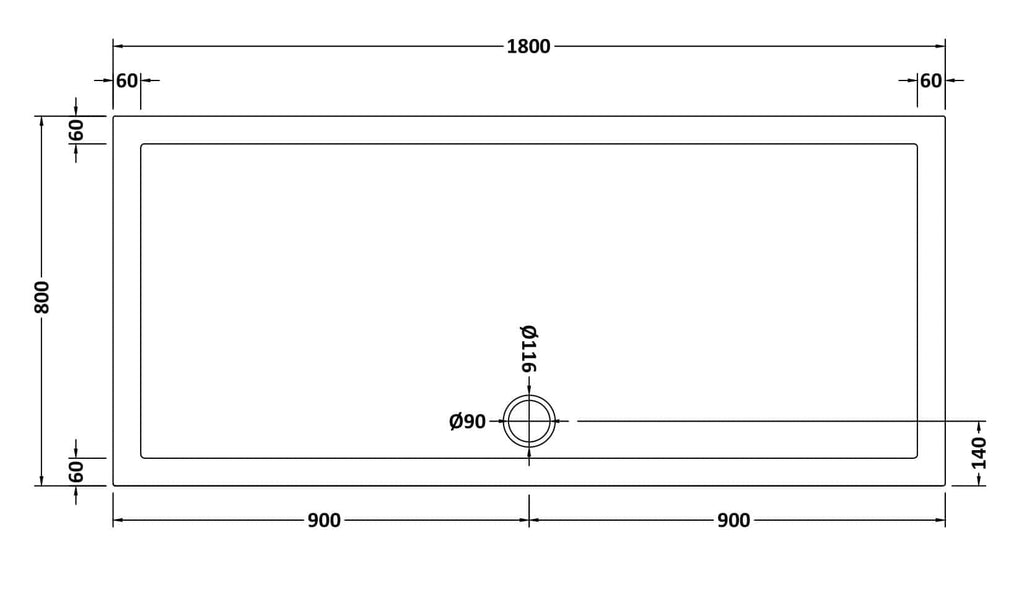 Shower tray with detailed dimensions for custom bathroom installation in a modern Bubly Bathrooms design.