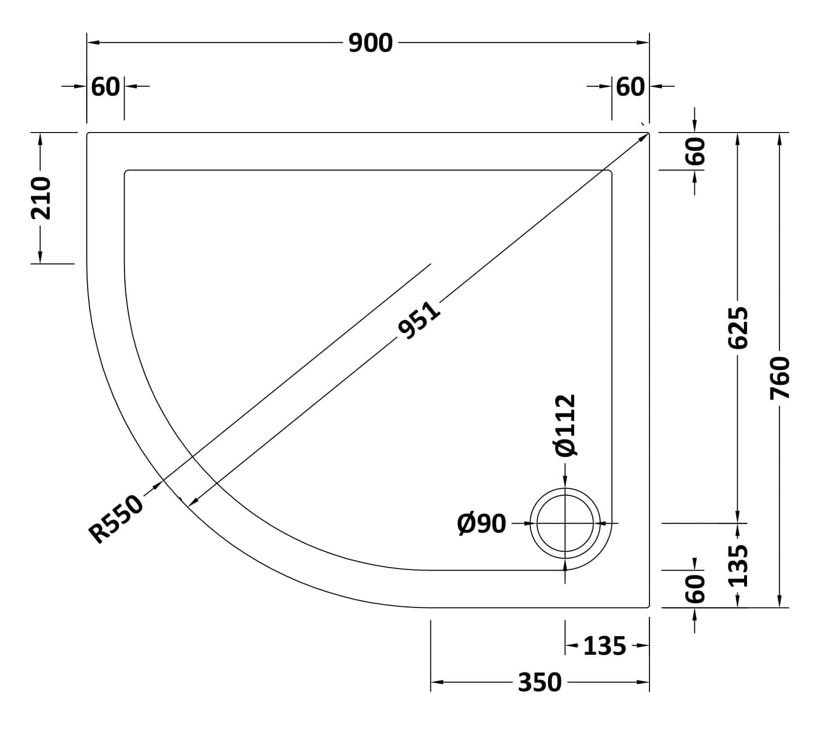 Schematic drawing of a modern bathroom shower tray with detailed measurements and dimensions for bathroom renovation.