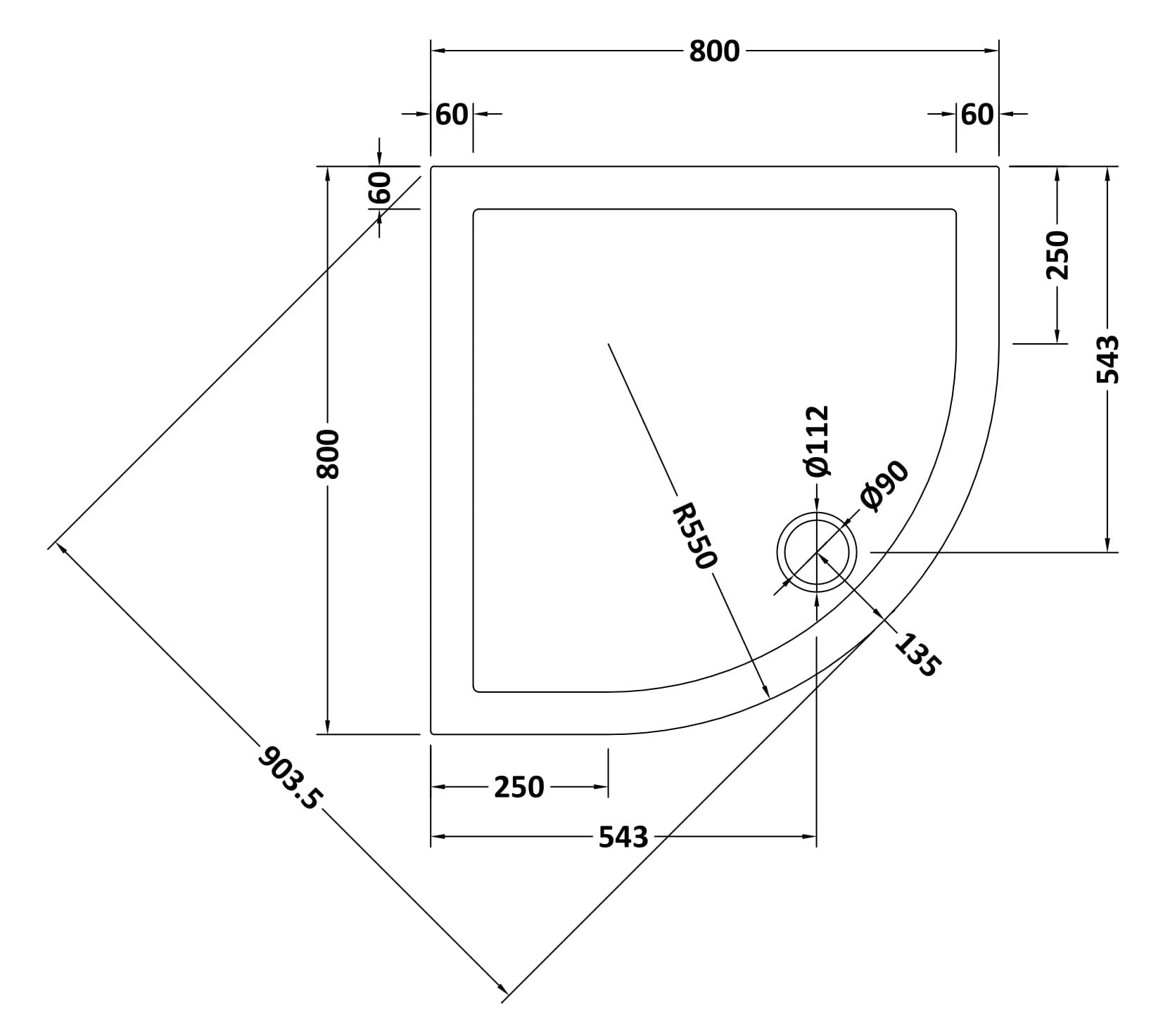 Precision bathroom shower tray technical drawing with detailed dimensions and installation measurements for modern bathroom renovations.