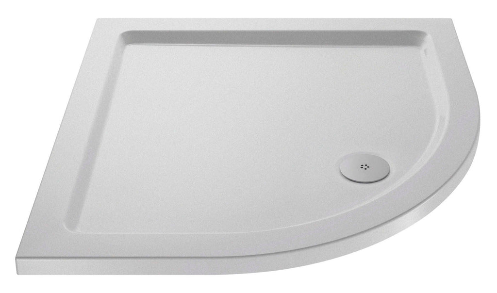 Sleek white corner shower tray with seamless edges and a central drain for modern bathroom spaces.