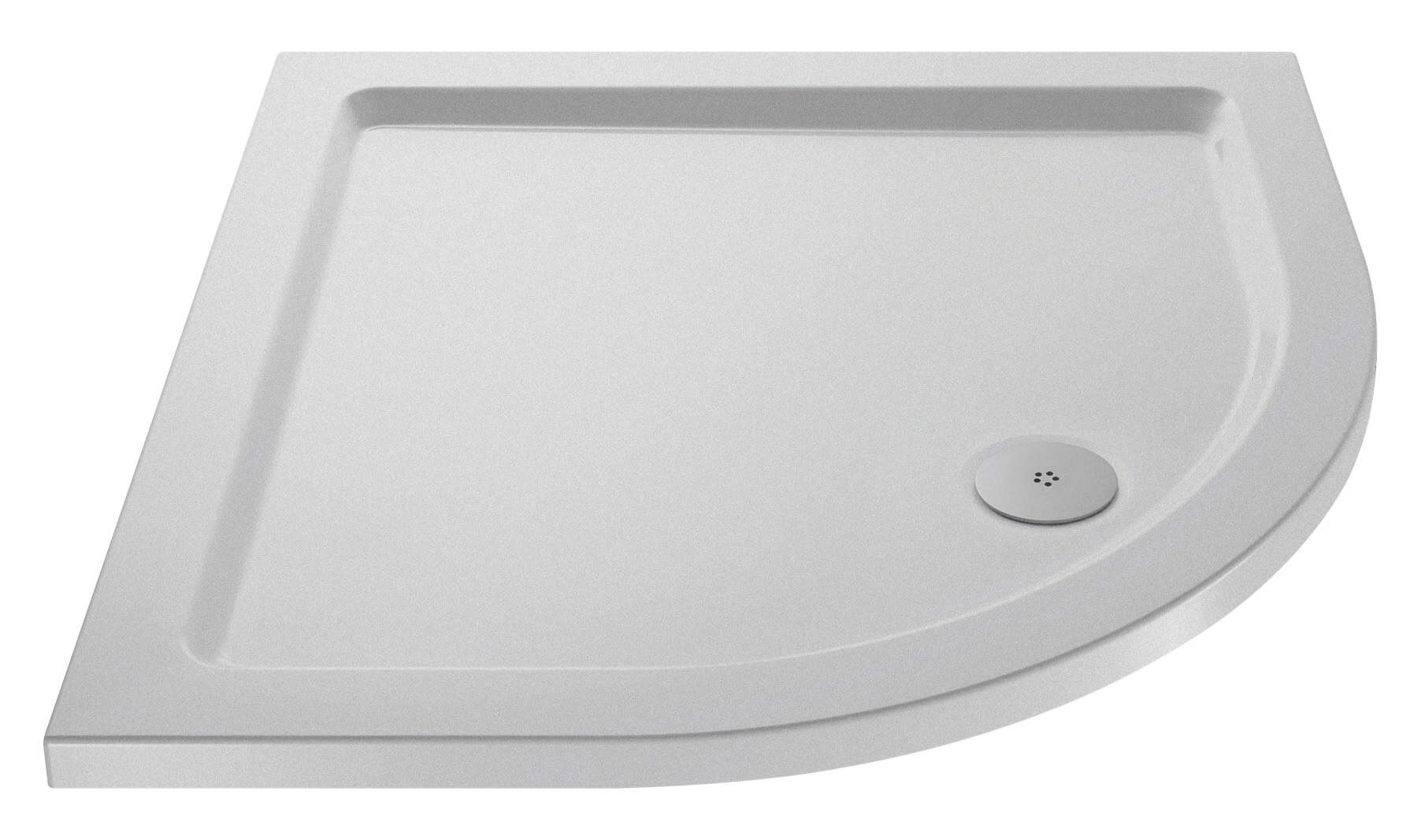 Sleek white corner shower tray with seamless edges and a central drain for modern bathroom spaces.