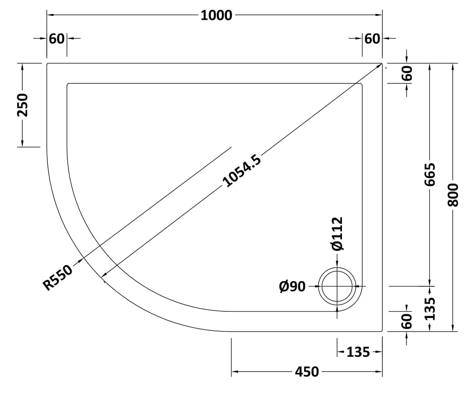 Elegant shower tray design with detailed measurements for modern bathroom renovation. Perfect for creating a sleek, functional shower space.