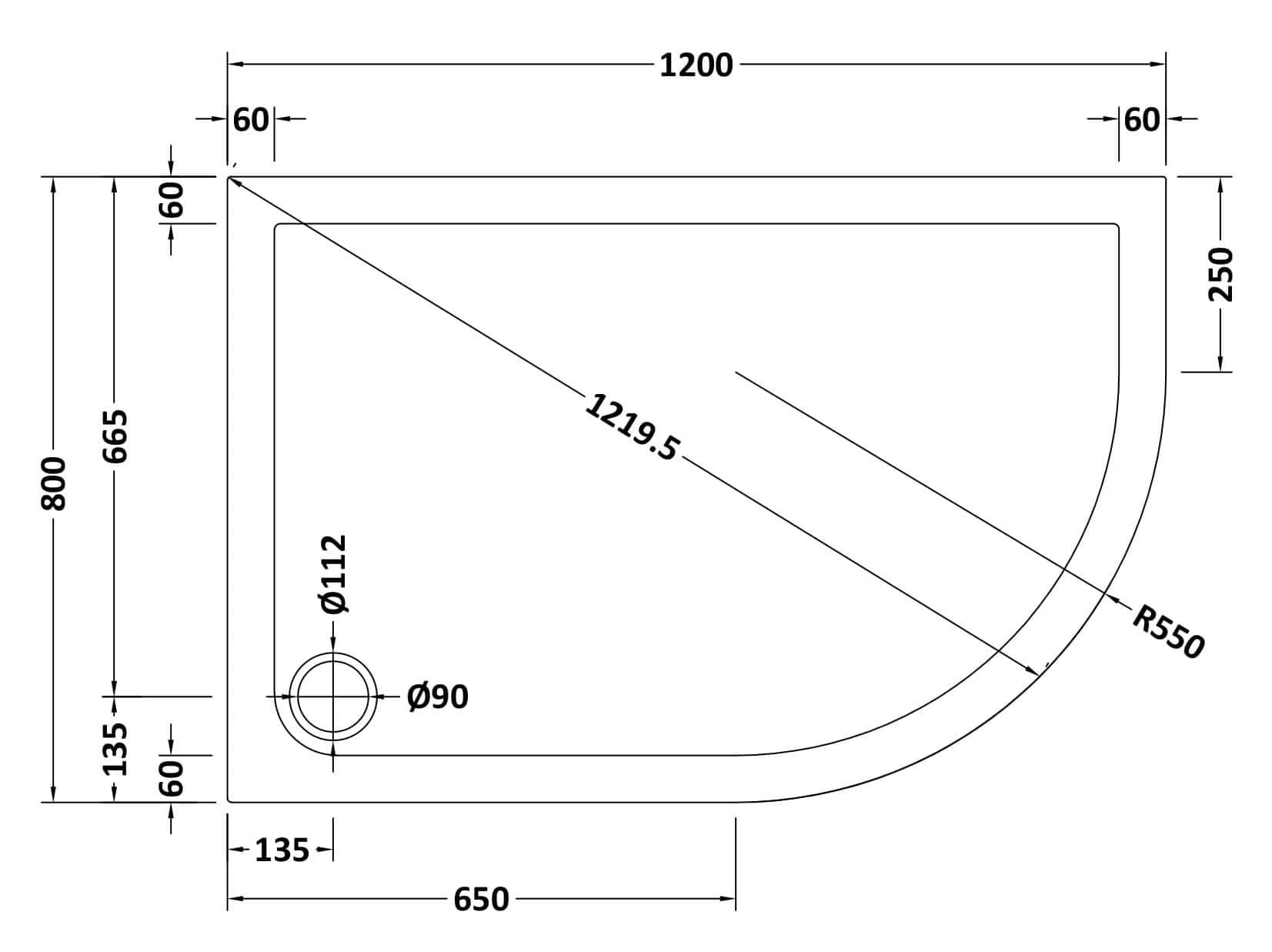 Modern shower tray technical drawing with detailed dimensions and radius specifications, ideal for bathroom renovation and shower installation projects.