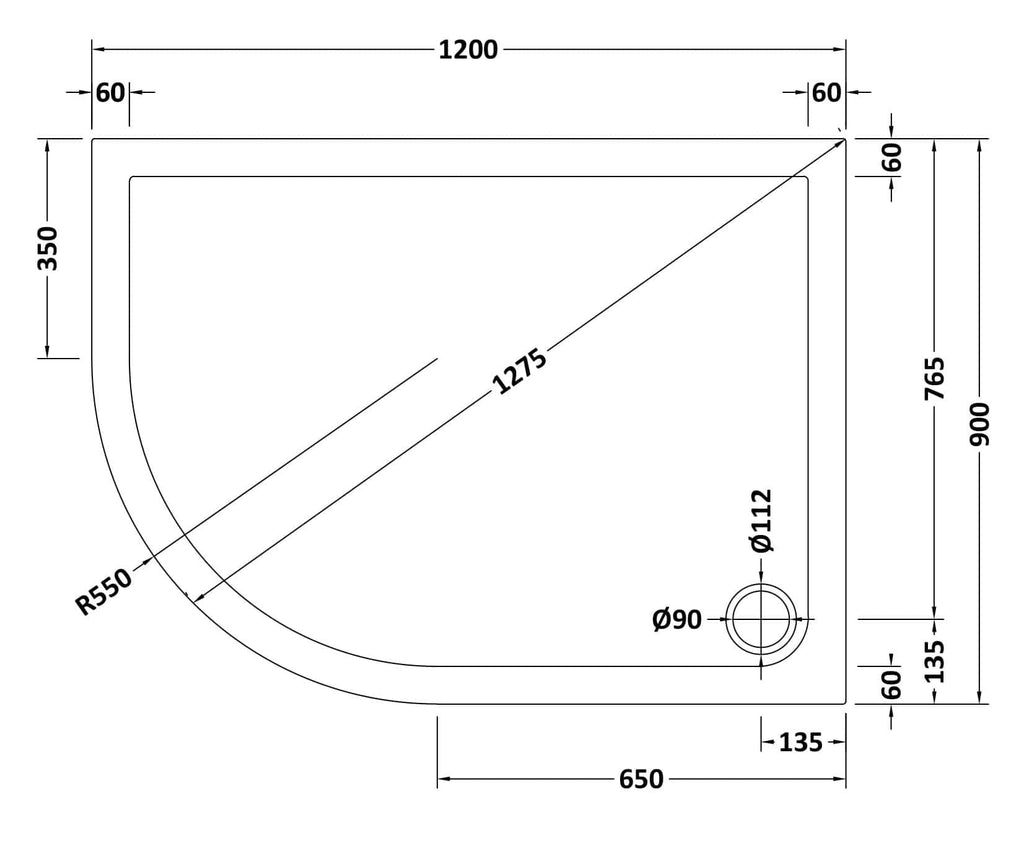 Sanitary ware bathroom shower tray with detailed dimensions and curved edge design for modern bathroom renovations.