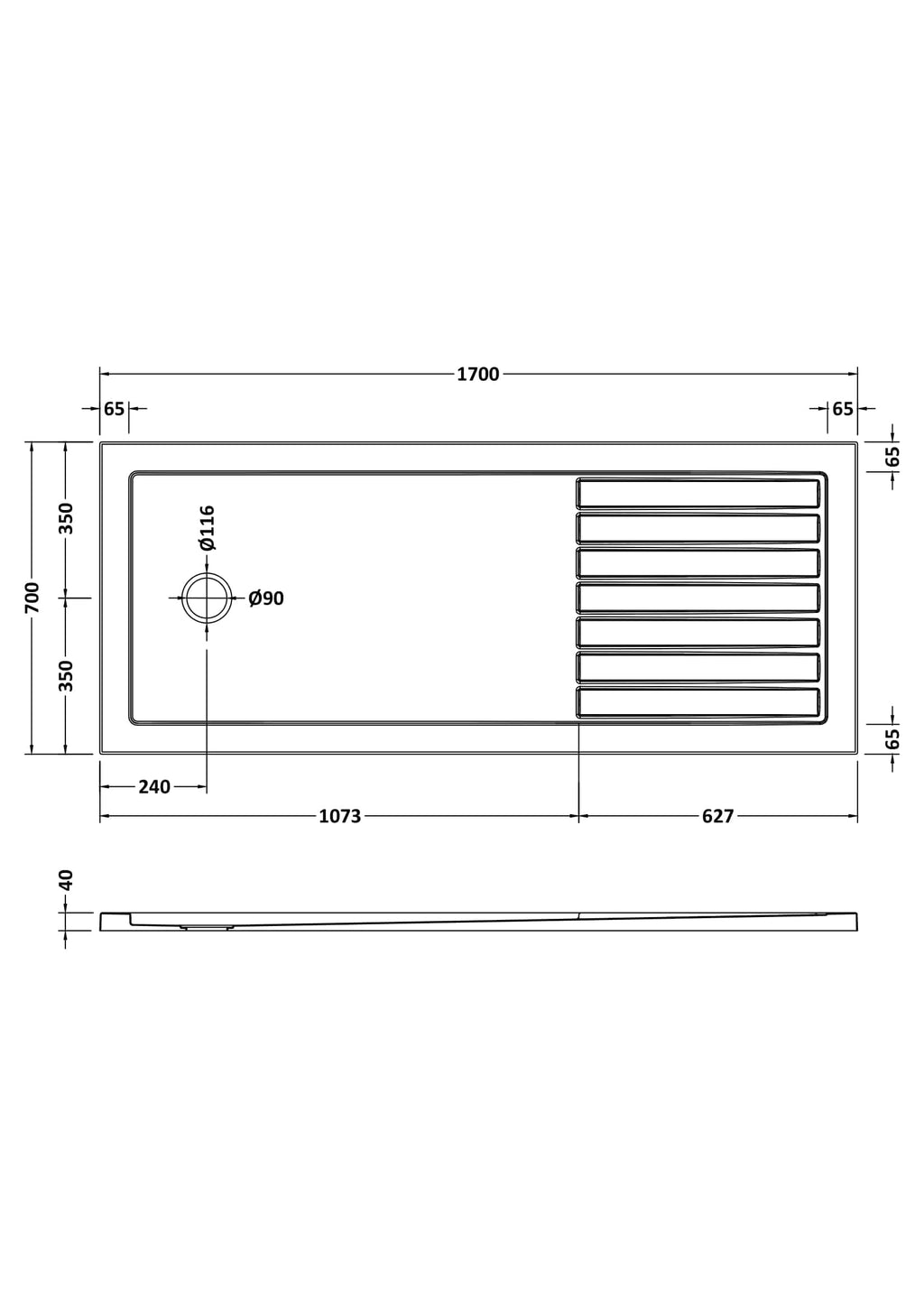 High-quality kitchen sink drawing with detailed dimensions, including drain hole and integrated drainer, perfect for luxurious bathroom remodels and modern bathroom designs.