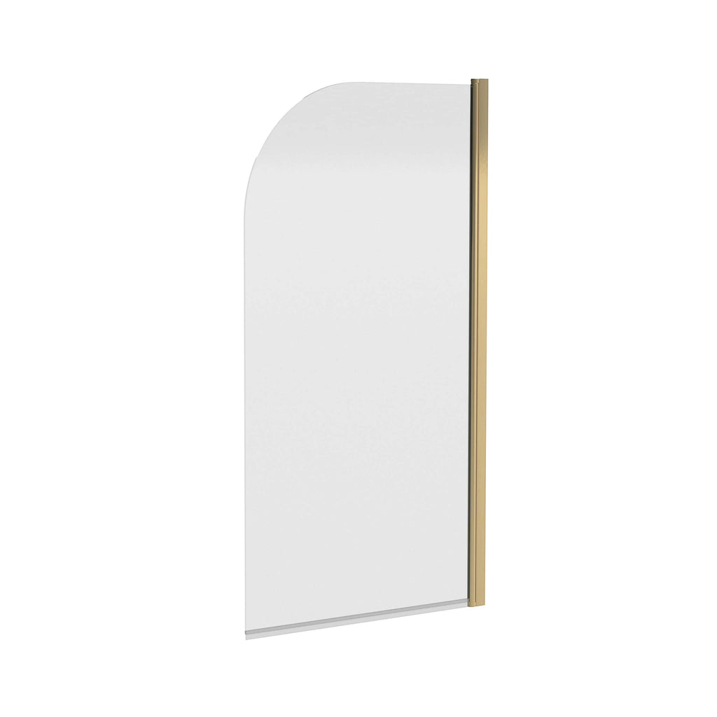 Sleek modern bathroom shower screen with a curved top and brass trim, designed for stylish and functional bathroom upgrades. Perfect for contemporary bathroom aesthetics and enhancing shower enclosure appeal.