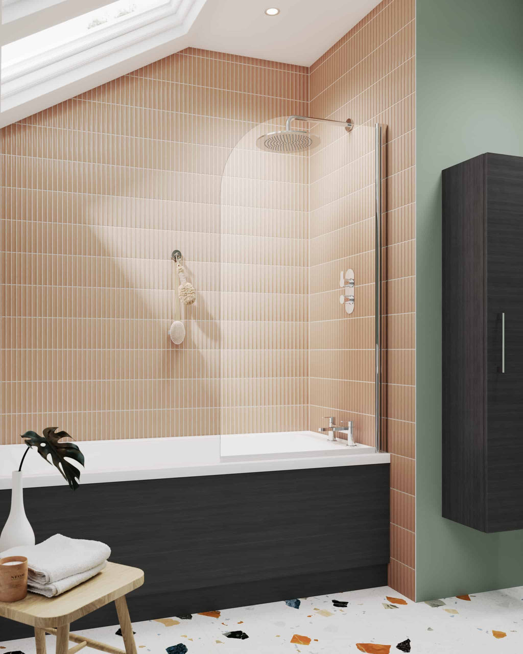 Modern bathroom with a built-in bathtub, beige tile walls, black wood paneling, and a ceiling-mounted showerhead, featuring natural light and contemporary design elements.