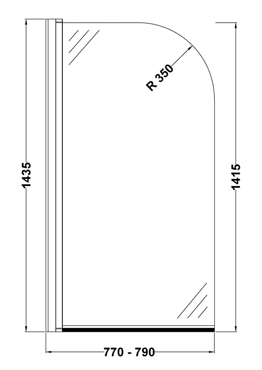 Clear glass shower enclosure with curved corner design for modern bathrooms, featuring precise measurements and a sleek finish for a stylish and functional shower space.