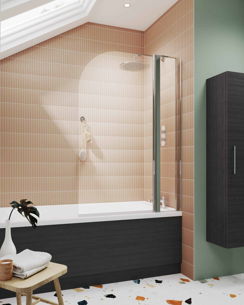 Sleek modern bathroom with walk-in shower, peach wall tiles, black vanity unit, and natural light from skylight, showcasing stylish and functional bathroom design with contemporary fixtures.
