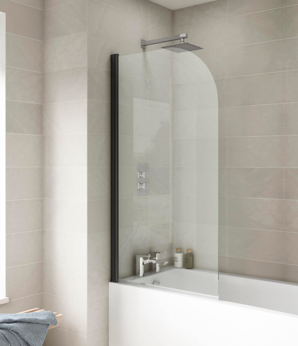 Modern glass shower screen with sleek black frame in contemporary bathroom design.