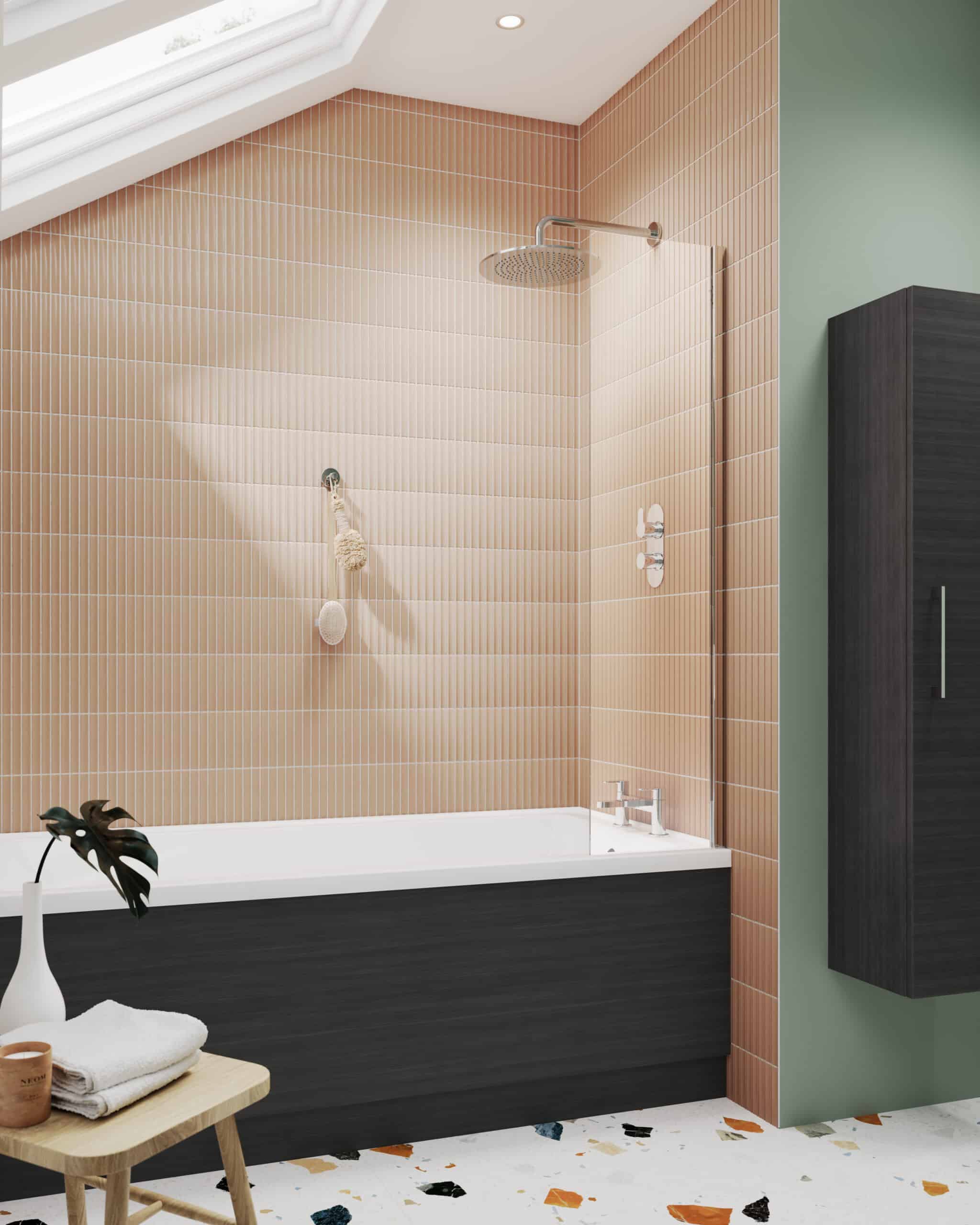 Modern bathroom with beige tiled wall, black bathtub, and walk-in shower featuring rain showerhead, perfect for contemporary bathroom renovations.