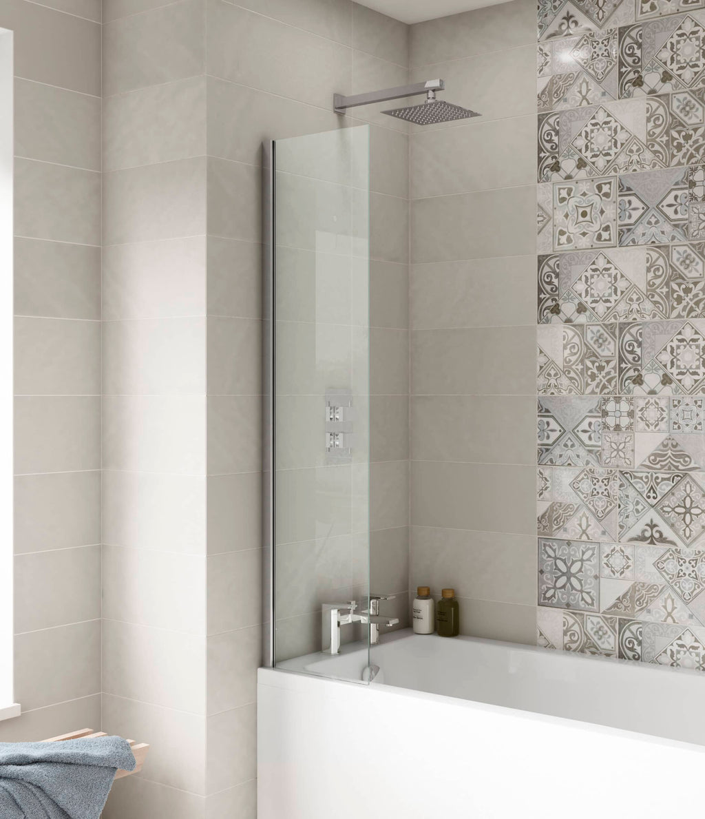 Polished modern bathroom Shower enclosure with glass panel and decorative wall tiles, minimalist design, sleek fixtures, ideal for contemporary bathroom interiors.