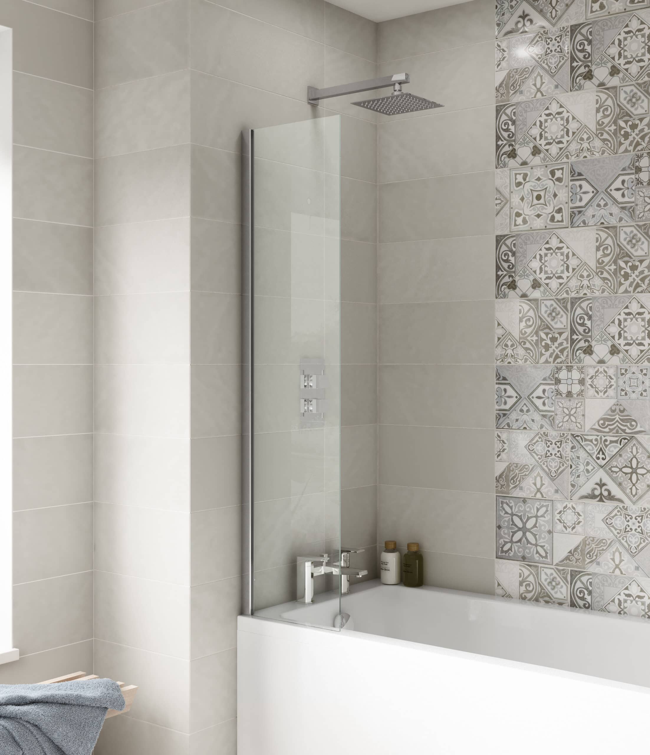 Polished modern bathroom Shower enclosure with glass panel and decorative wall tiles, minimalist design, sleek fixtures, ideal for contemporary bathroom interiors.