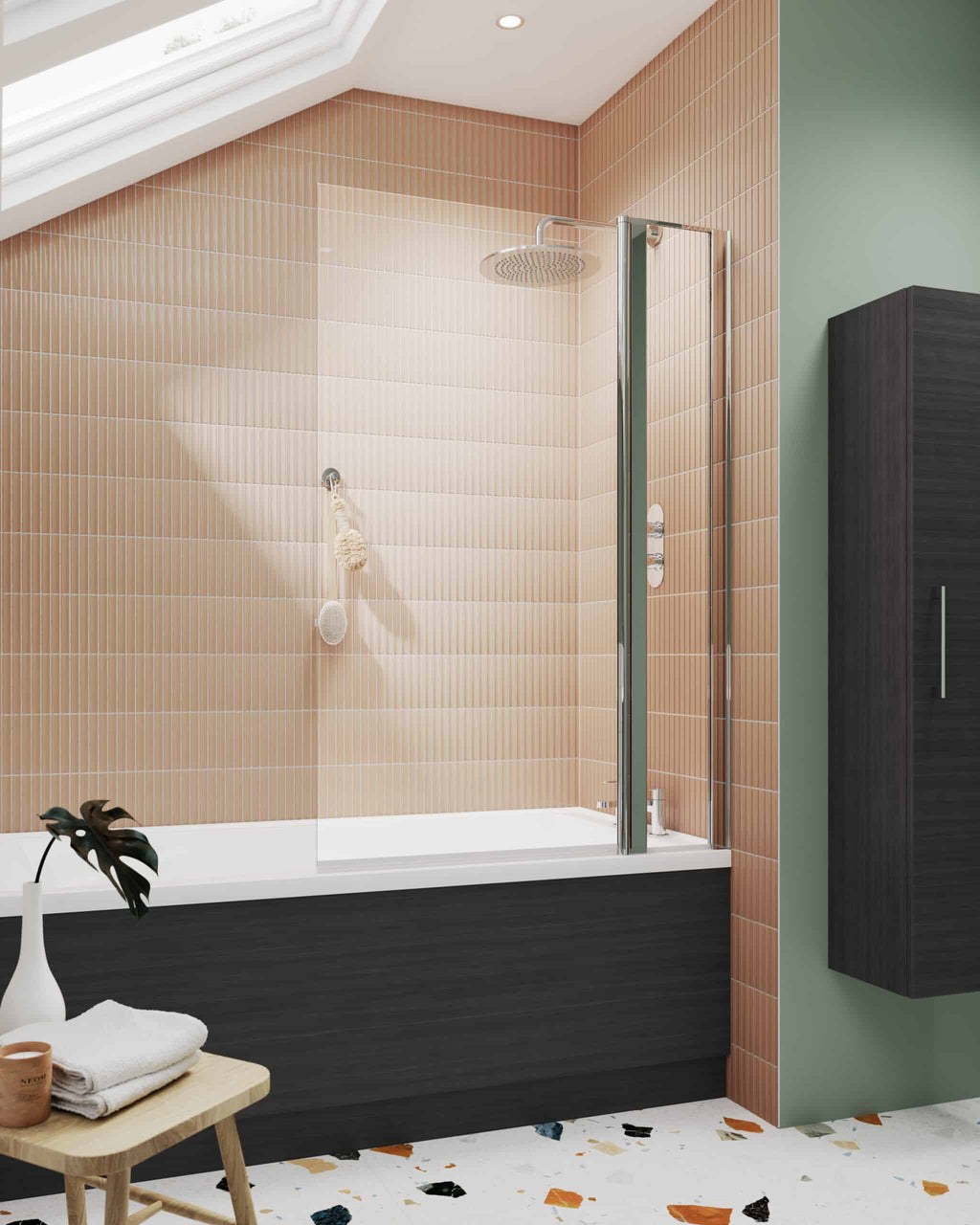 Contemporary walk-in bathroom shower with beige tiles, glass door, black vanity, and green wall accent, showcasing modern bathroom design and premium fixtures for a stylish, functional space.
