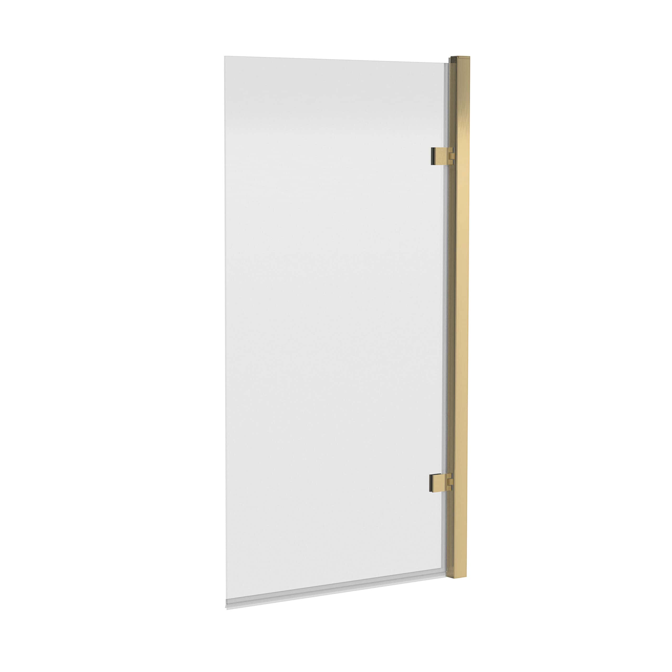 Sleek glass shower screen with brass hinges, ideal for contemporary bathrooms, offering stylish and functional shower enclosure solutions. Perfect for modern bathroom renovations and stylish shower spaces.