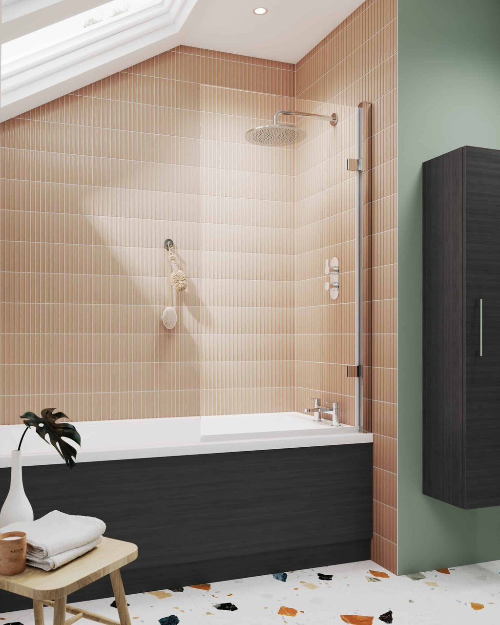 Modern bathroom shower area with rain shower and sleek fixtures, featuring contemporary design and stylish tiling for a luxurious bathing experience.