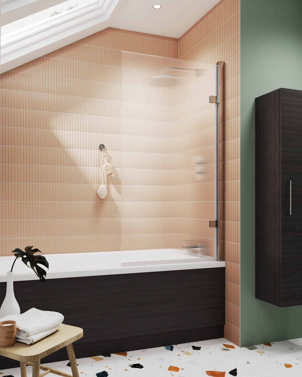 Modern bathroom with peach-toned tiled shower area, black wooden panel, and natural light from skylight, creating a stylish and relaxing space.
