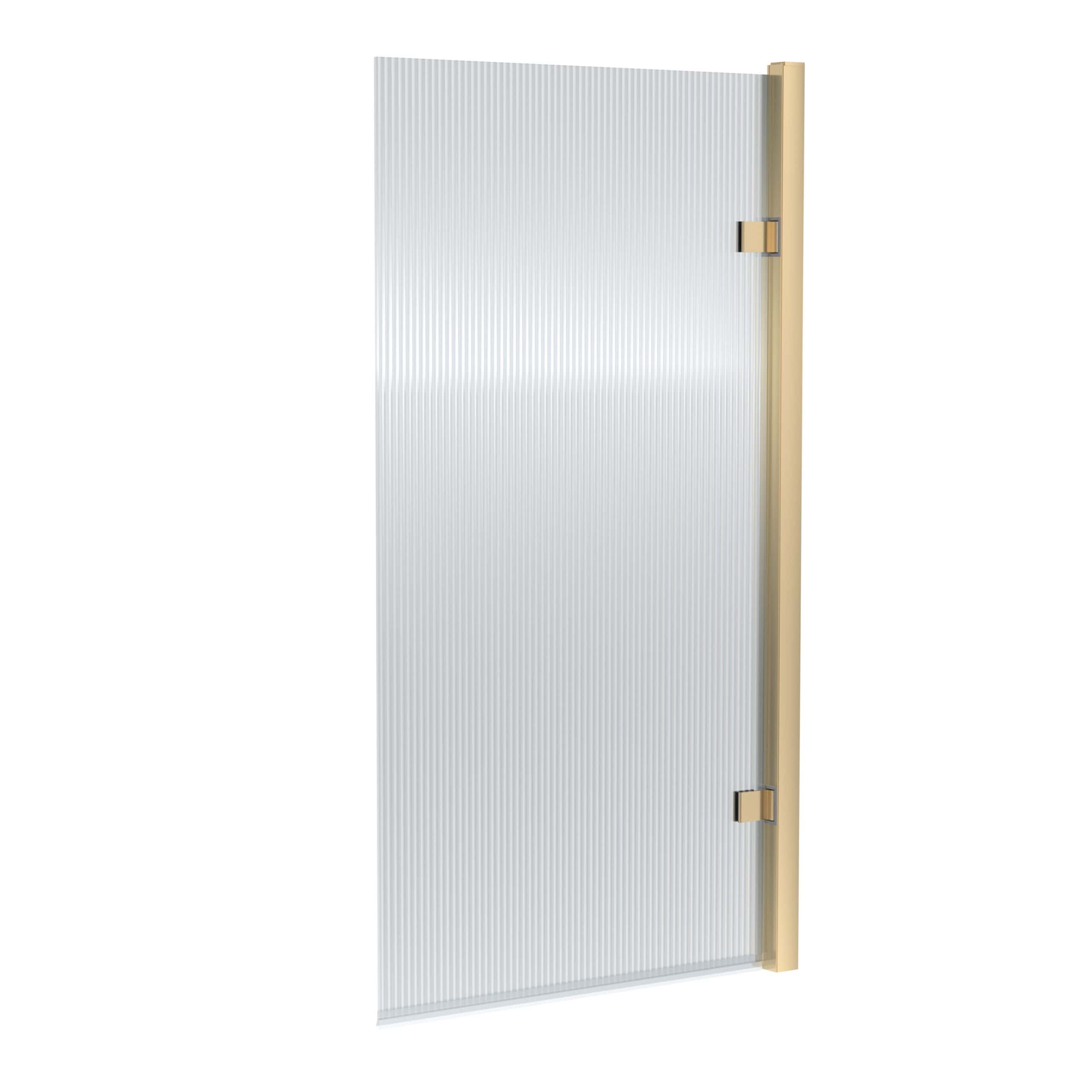 Clear textured shower screen with brass hinges, designed for modern bathroom spaces, offering durability and style for your Bubly bathrooms.