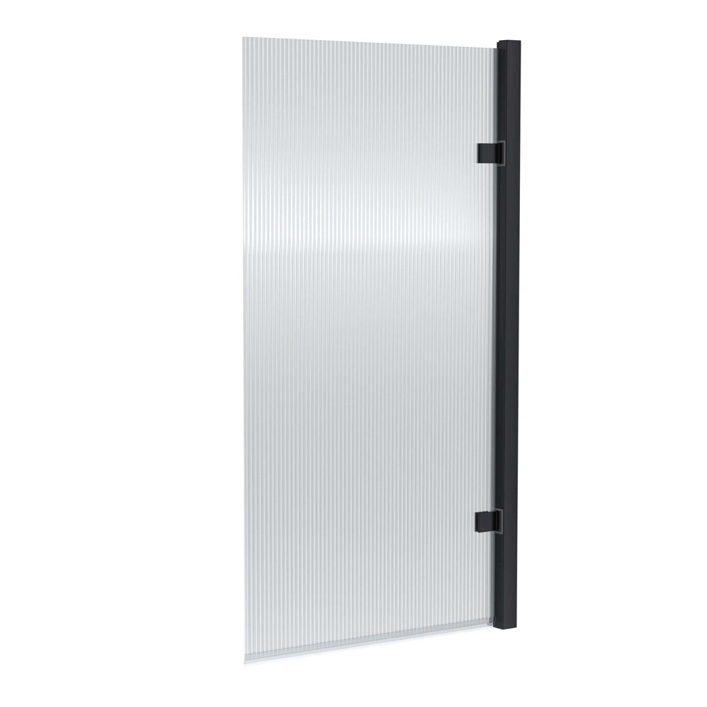 Polycarbonate shower door with black hardware, ideal for modern bathroom renovations and shower enclosure upgrades. Durable, transparent, and sleek for stylish bathroom designs.