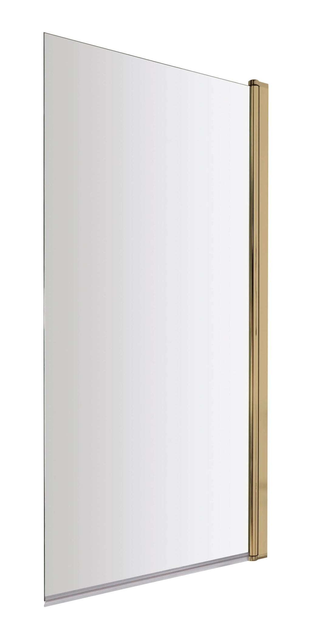 Sleek glass shower screen with a gold hinge, ideal for modern bathroom designs and shower enclosures.