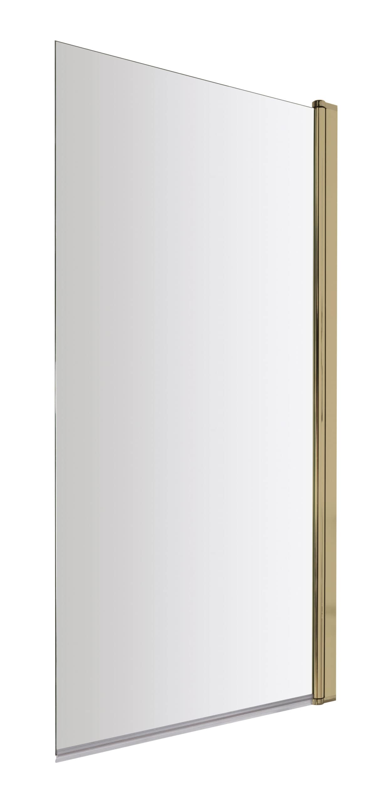 Sleek glass shower screen with a gold hinge, ideal for modern bathroom designs and shower enclosures.