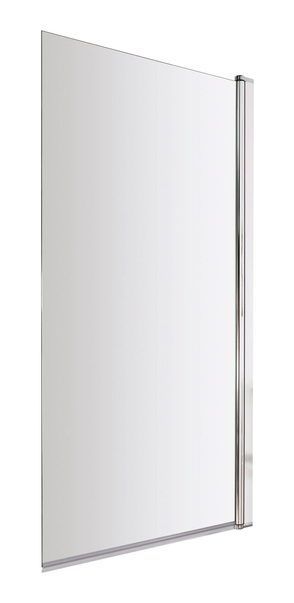 A glass shower screen with metallic hinges for modern bathroom showers.