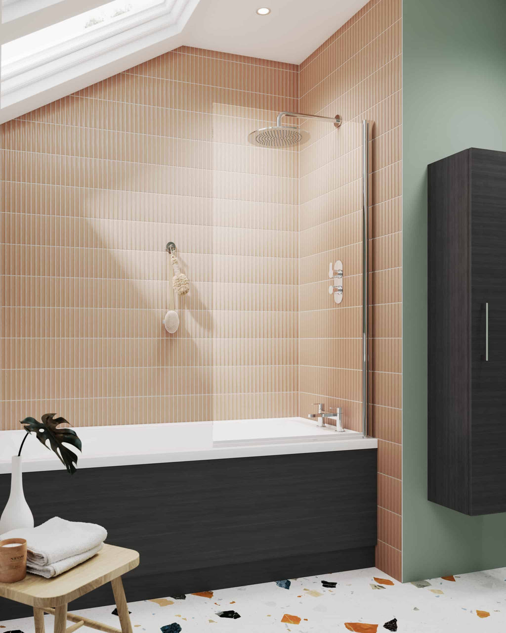 Bright modern bathroom with beige tiled shower area, black bathtub, and minimalist decor, showcasing stylish and functional bathroom design.
