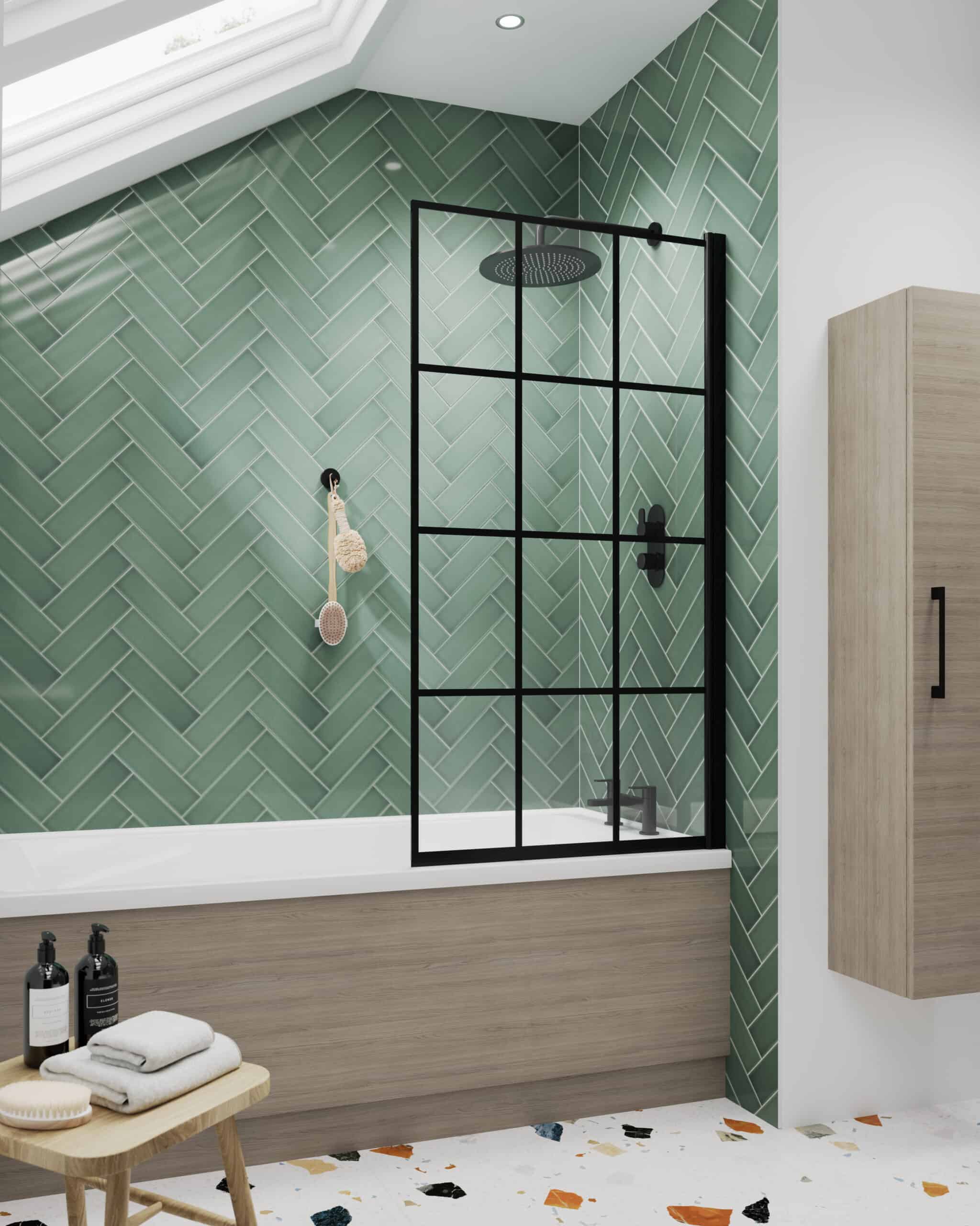 Modern walk-in shower with black frame and green herringbone tiled wall, minimalist bathroom design with wooden accents, perfect for contemporary bathrooms.