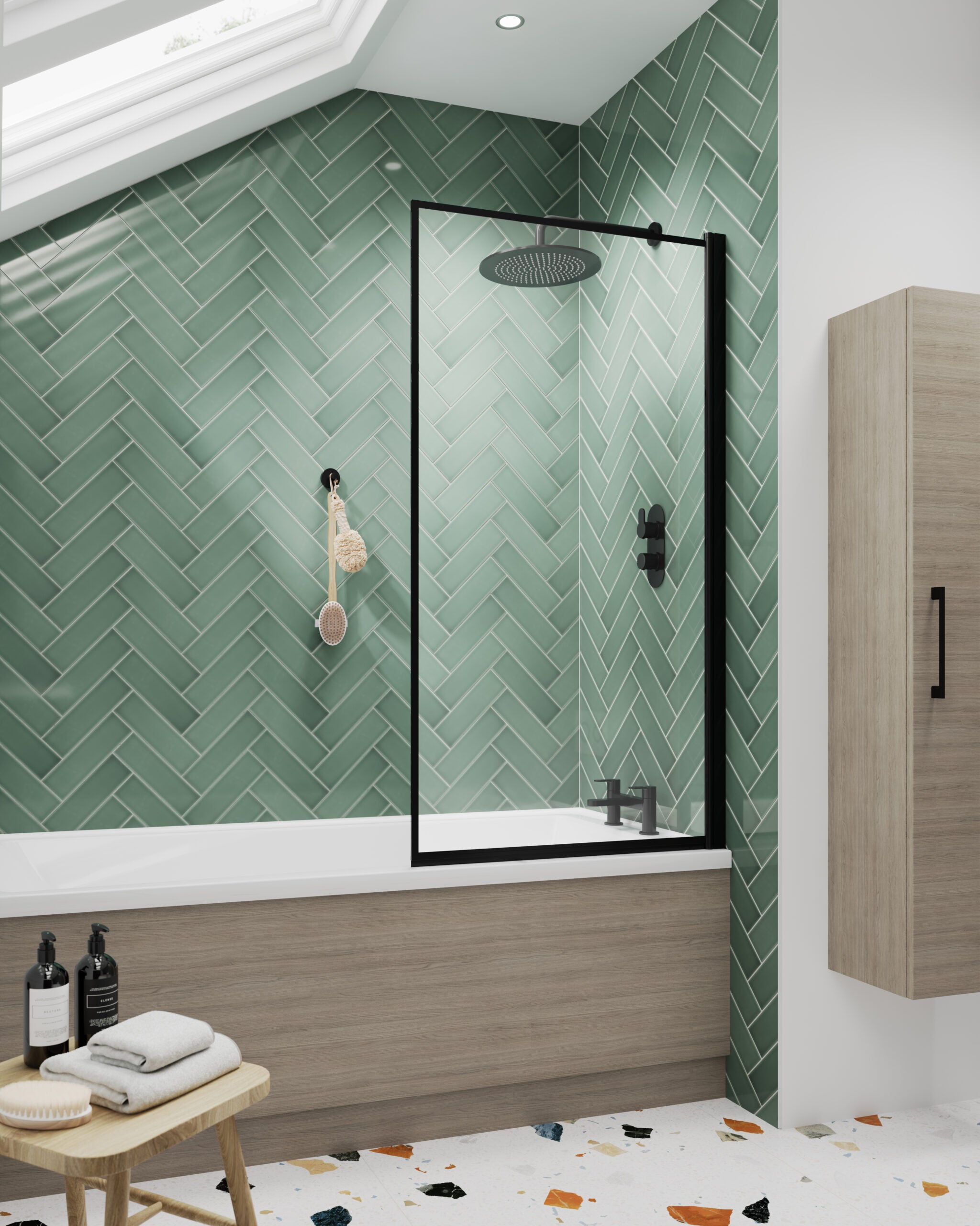 Modern green herringbone tiled bathroom shower area with black fixtures and skylight, featuring contemporary design and stylish decor, ideal for luxury bathroom renovation.