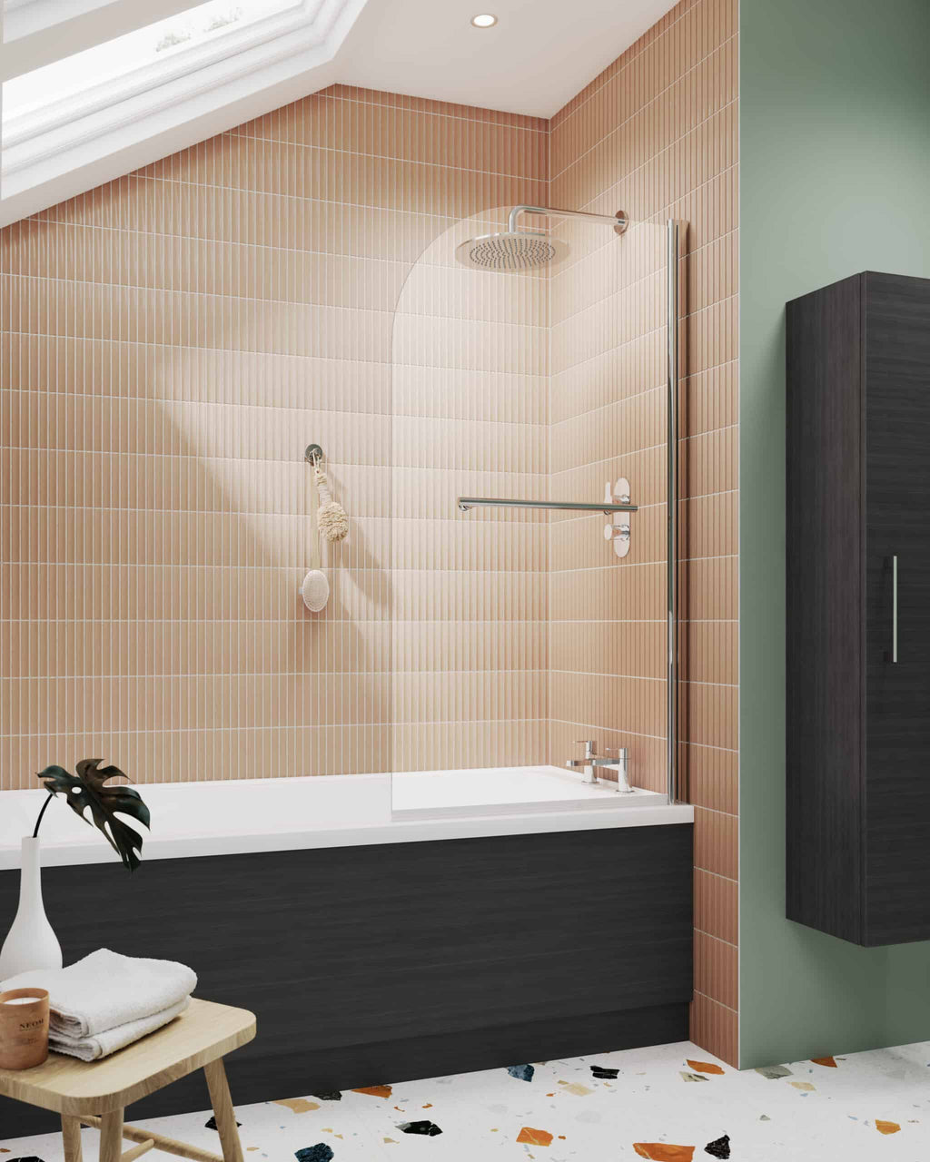 Modern bathroom with beige tiled walls, walk-in shower with glass screen, black bathtub, green wall, and stylish black storage cupboard, creating a sleek and contemporary bathroom design.