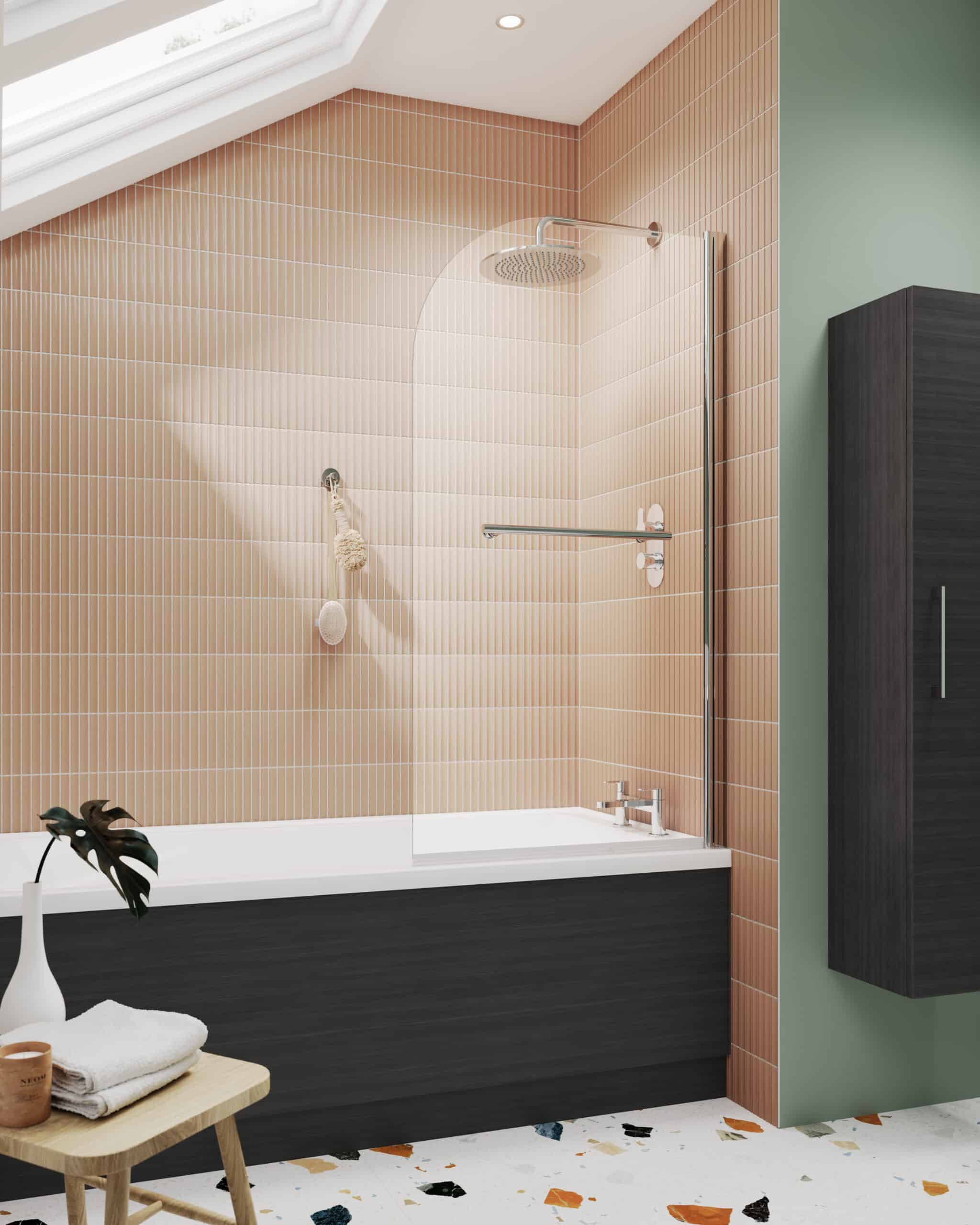 Modern bathroom with beige tiled walls, walk-in shower with glass screen, black bathtub, green wall, and stylish black storage cupboard, creating a sleek and contemporary bathroom design.