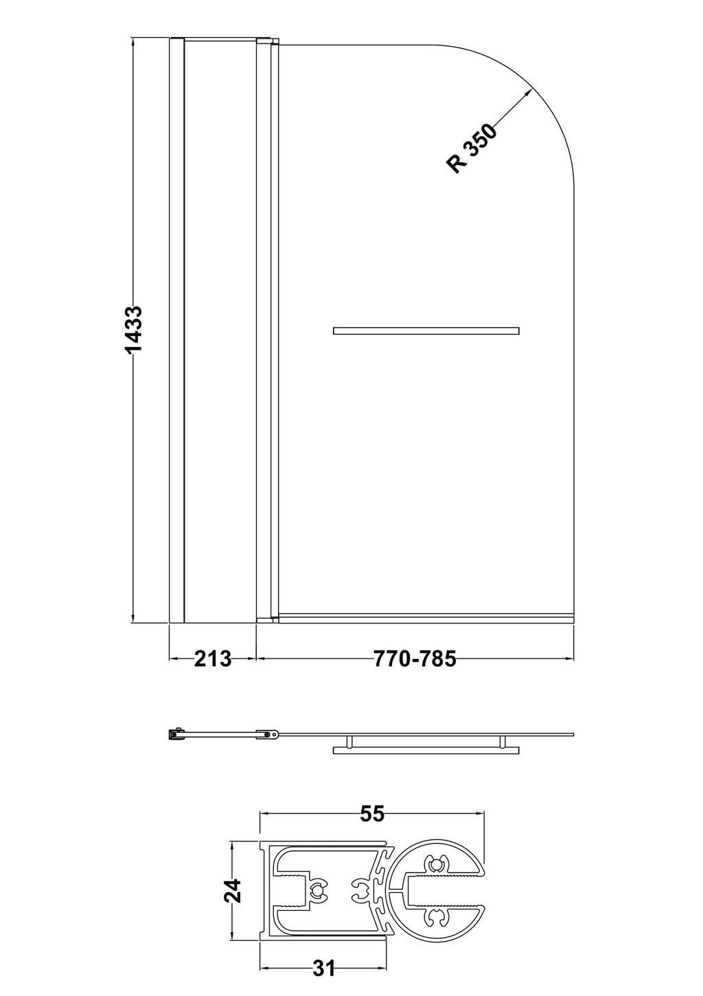 Sleek shower enclosure with curved glass door, modern design perfect for contemporary bathrooms, featuring detailed technical specifications and measurements for seamless installation.