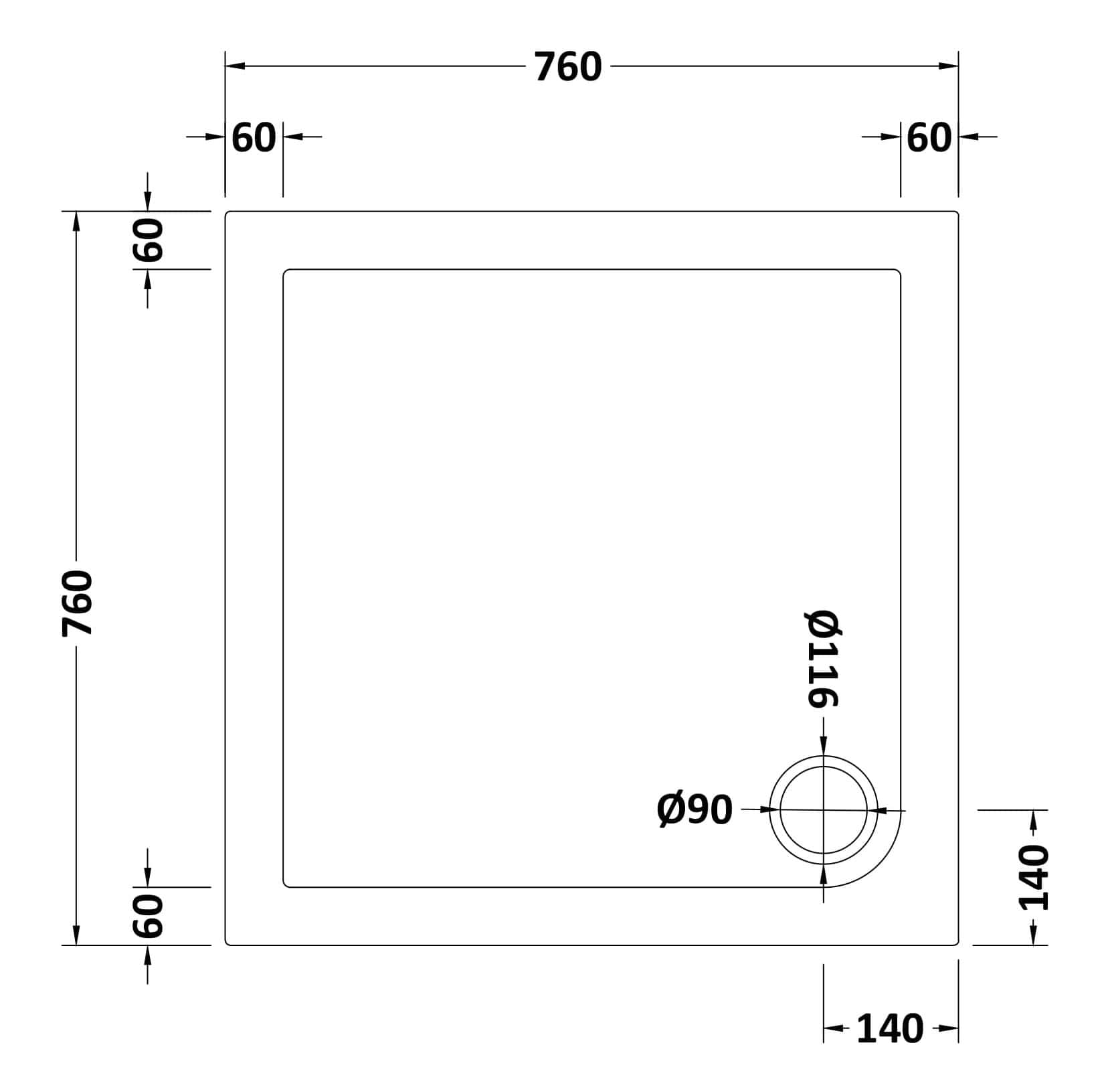 High-quality bathroom shower tray with detailed technical drawing, dimensions 760mm x 760mm including drain hole, ideal for bathroom renovation projects and custom bathroom design.