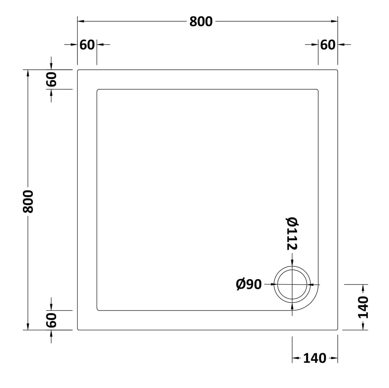 Sleek modern bathroom shower tray with detailed measurements for custom fitting, perfect for contemporary bathroom design and renovation projects.
