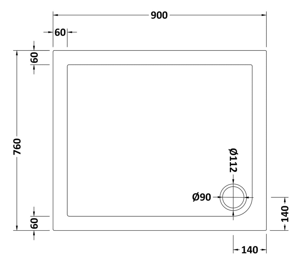 Schematic drawing of a modern bathroom shower tray with precise measurements for custom installation. Features include a 900mm width, 760mm depth, and 90mm drain diameter, ideal for bathroom upgrade projects.