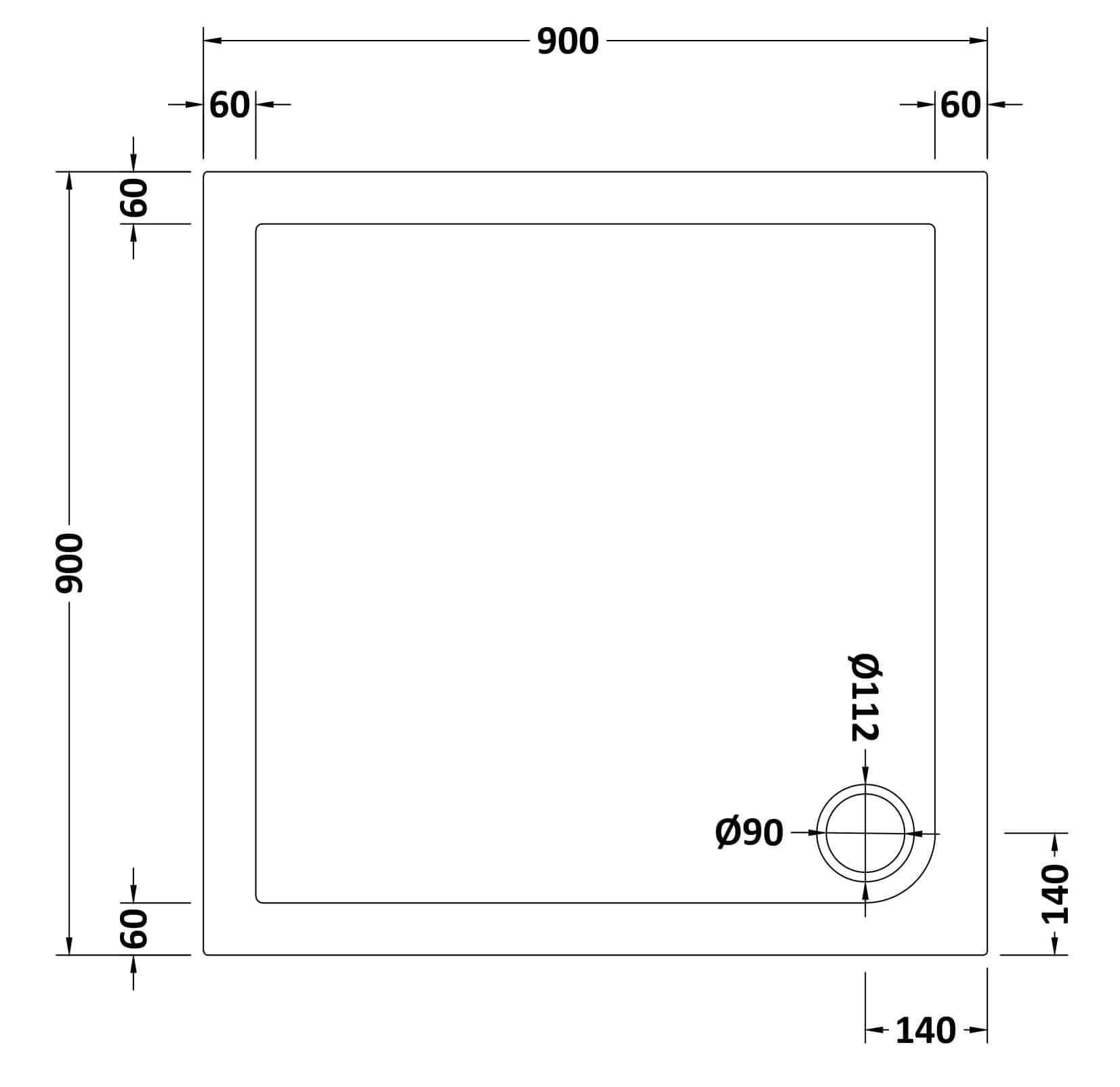 Stainless steel bathroom shower tray with precise measurements, ideal for modern bathroom installations and renovation projects.