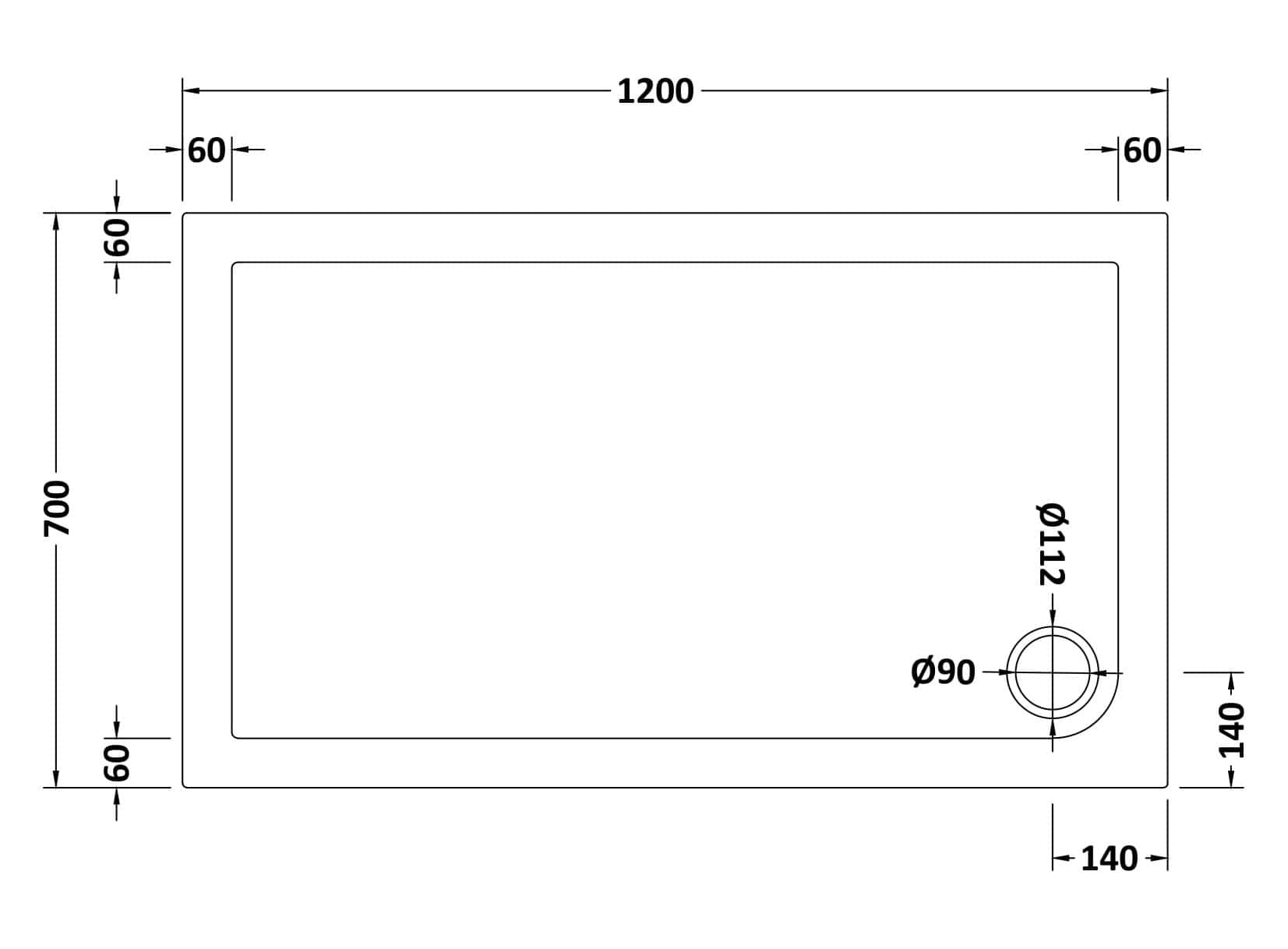 Sleek white rectangular shower tray with dimensions and drain details, ideal for modern bathroom installations and custom shower enclosures. Perfect for enhancing bathroom aesthetics and functionality.