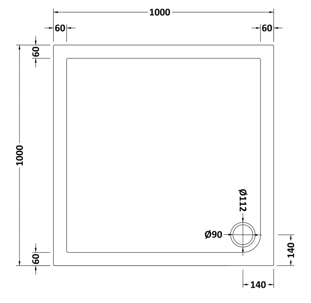 High-quality shower tray with dimensions 1000mm x 1000mm, featuring a central drain ø112mm, ideal for modern bathroom renovations and seamless shower installations.
