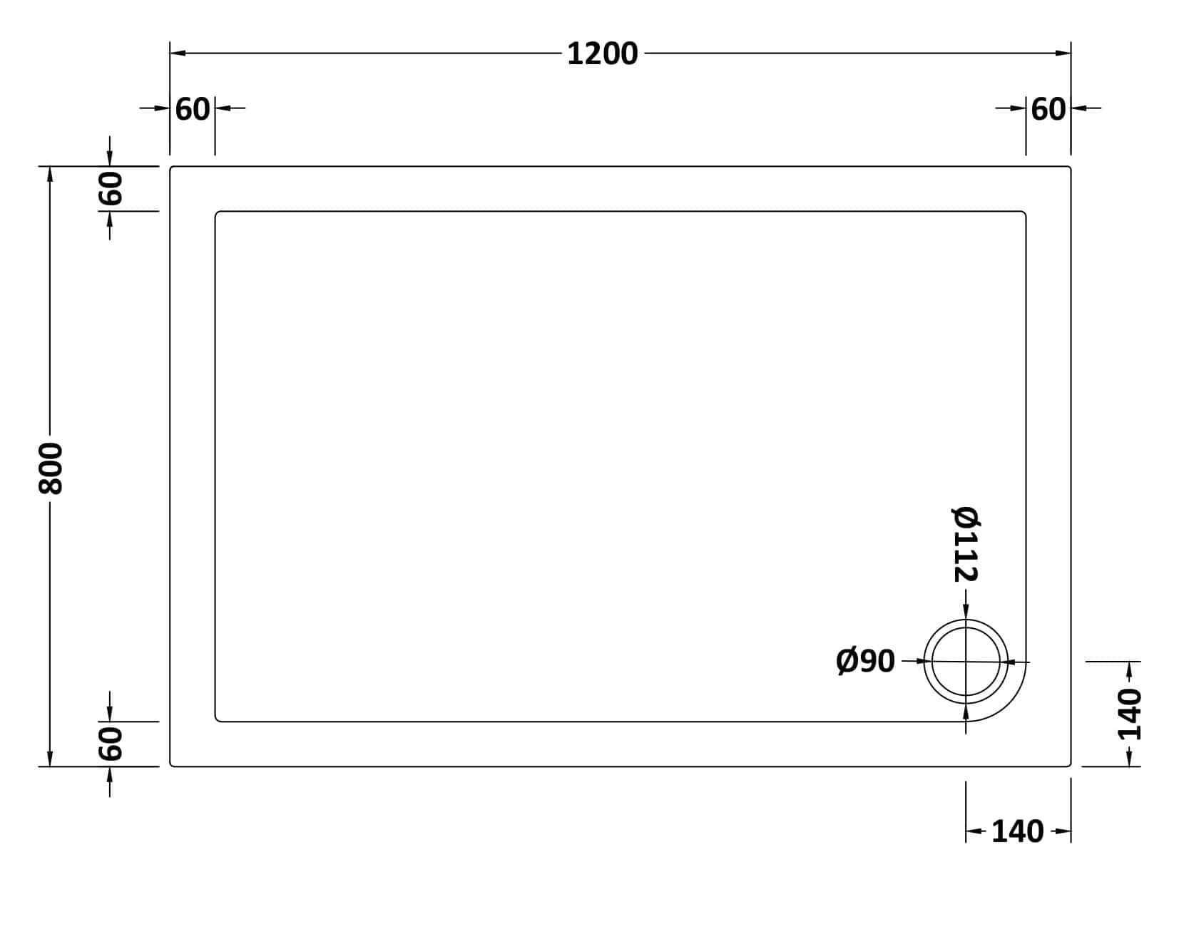 Sleek rectangular shower tray with dimensions 1200mm x 800mm, featuring a centred drain, ideal for modern bathroom designs. Crafted for durability and easy installation in contemporary bathrooms.