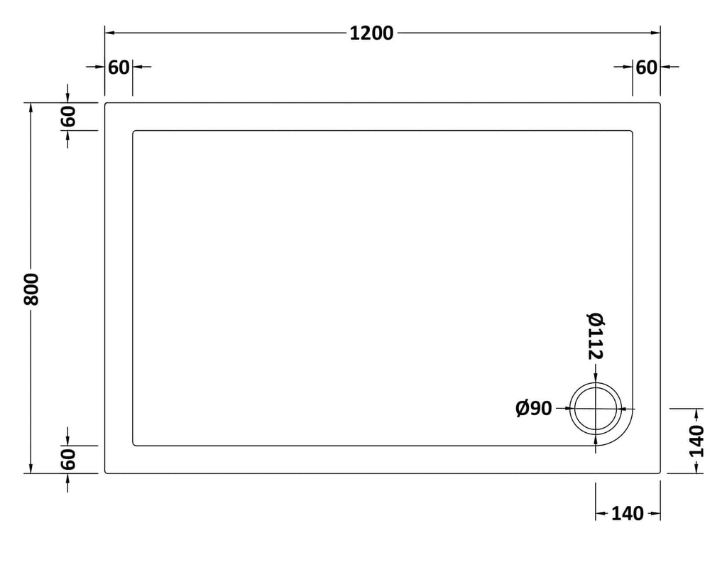 Sleek rectangular shower tray with dimensions 1200mm x 800mm, featuring a centred drain, ideal for modern bathroom designs. Crafted for durability and easy installation in contemporary bathrooms.
