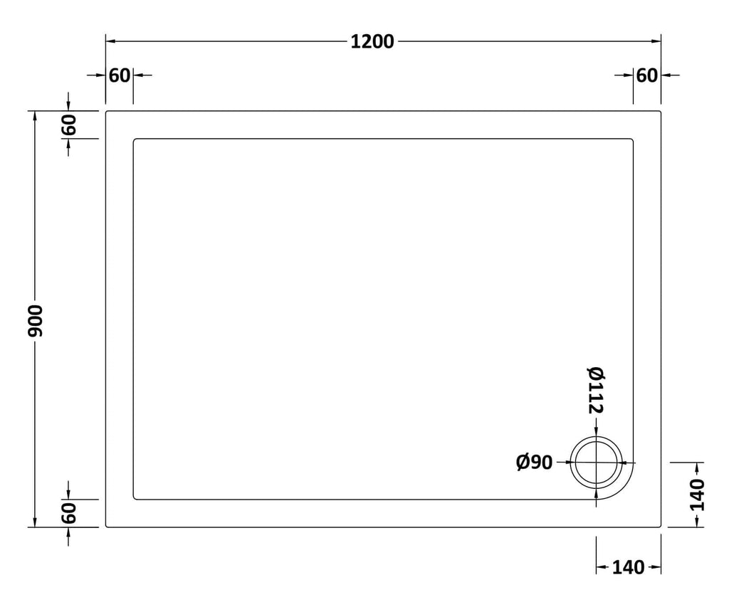 Sleek square white shower tray with dimensions 1200mm x 900mm, featuring a 90mm diameter drain fitting, perfect for modern bathroom renovation and shower enclosure installation.